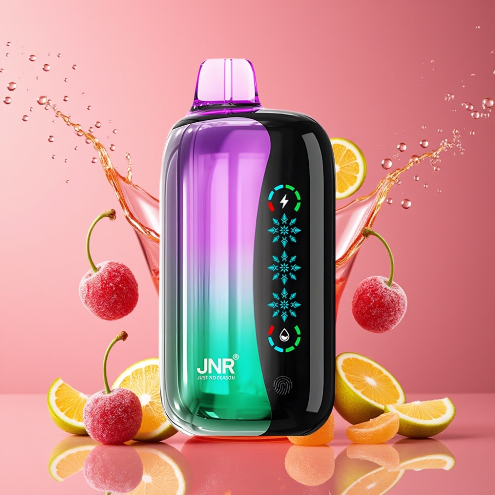 Suomi tukku JNR Flex Ice 21000 Puffs Disposable Vape – 26ml E-liquid, 1.2 Ohm Dual Mesh, 1000mAh Battery, Type-C Charging, Sour Cherry Gummies (Hapan Kirsikka Nallekarkit)