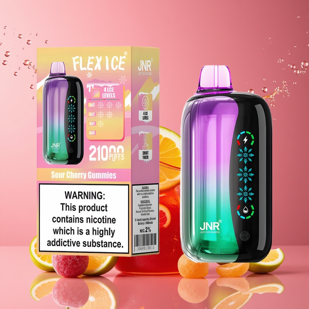 Suomi tukku JNR Flex Ice 21000 Puffs Disposable Vape – 26ml E-liquid, 1.2 Ohm Dual Mesh, 1000mAh Battery, Type-C Charging, Sour Cherry Gummies (Hapan Kirsikka Nallekarkit)