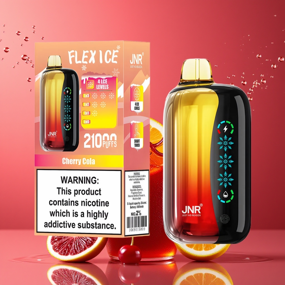 Suomi tukku JNR Flex Ice 21000 Puffs Disposable Vape Kirsikkakola – 26ml, 1.2 Ohm Dual Mesh, Säädettävä Ice, Type-C Lataus