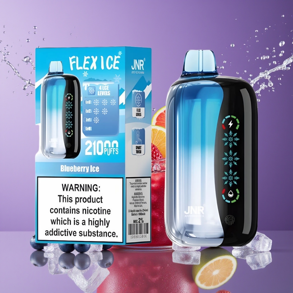 Suomi tukku JNR Flex Ice 21000 Puffs Disposable Vape Mustikkajää, 26ml E-liquid, 1.2 Ohm Dual Mesh, 1000mAh Battery, Type-C Charging