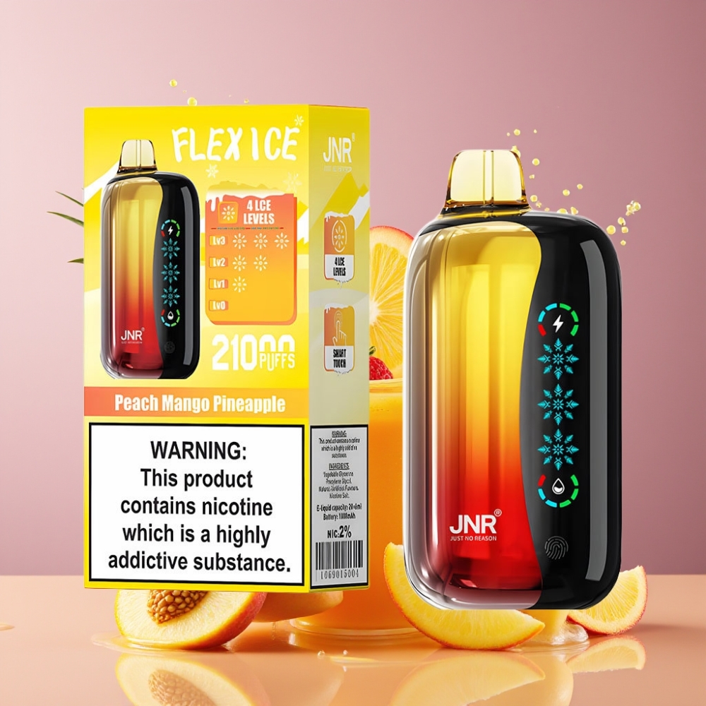 Suomi tukku JNR Flex Ice 21000 Puffs Disposable Vape Persikka Mango Ananas – Säädettävä Ice, 26ml Nestemäisiä, 1.2 Ohm Dual Mesh, 1000mAh, Type-C