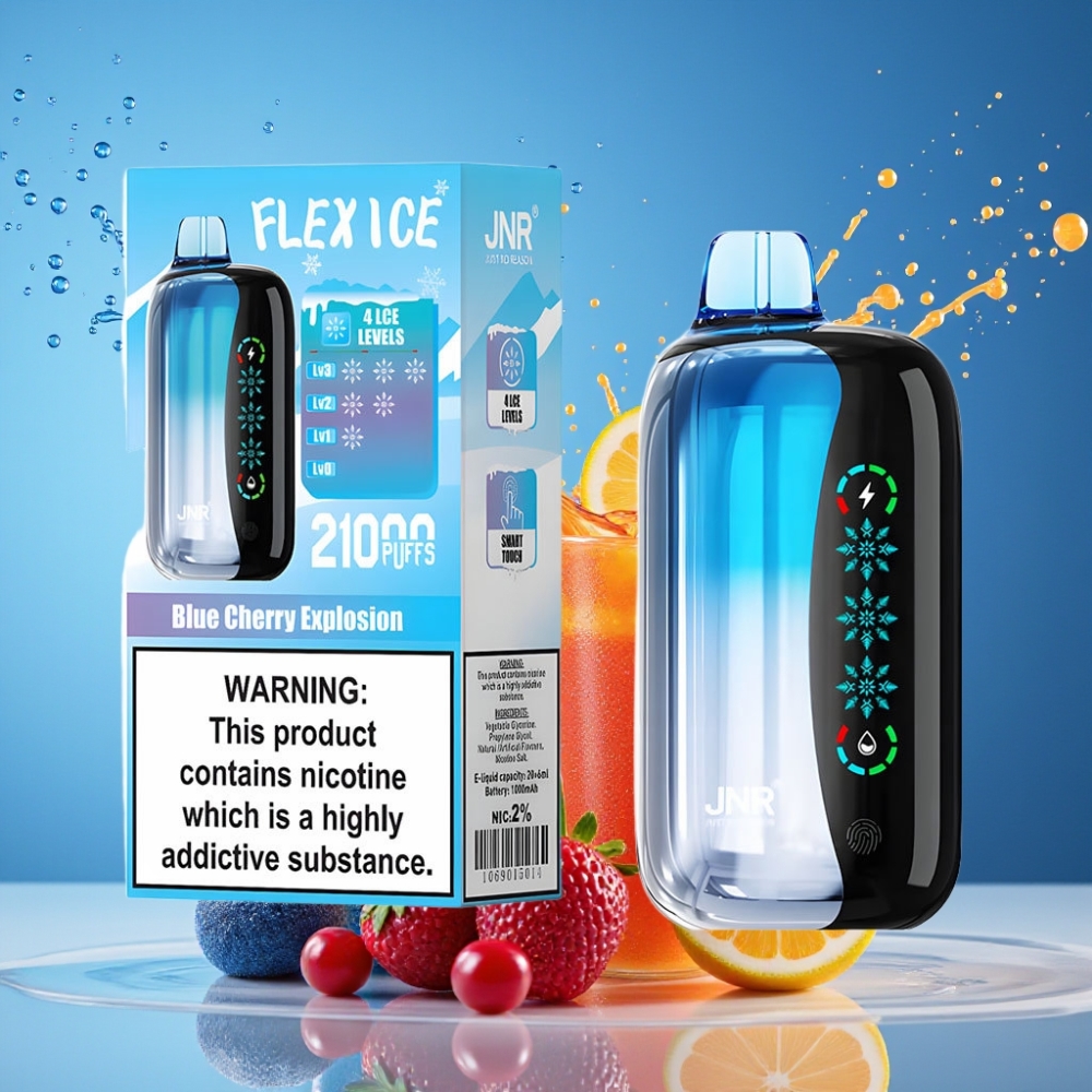 Suomi tukku JNR Flex Ice 21000 Puffs Disposable Vape Sininen Kirsikan Räjähdys – 26ml Nestemäki, 1000mAh Akku, 1.2 Ohm Dual Mesh, Type-C Lataus, Jäätä Säädettävissä