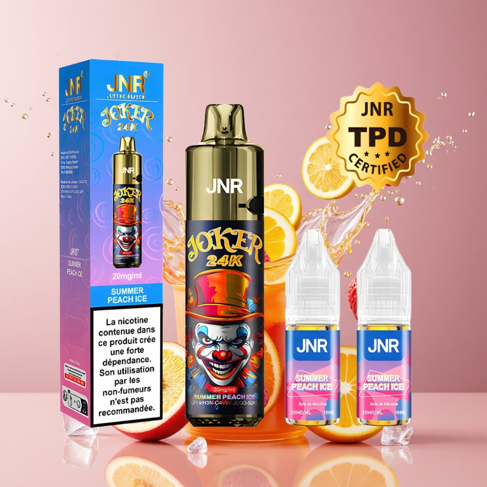 Suomi tukku JNR Joker 24K Puffs Disposable Vape 800mAh Type-C Kesäpersikka-Jää 2+10ml Refillable Pod 24000 Puffs 2% Nikotiini