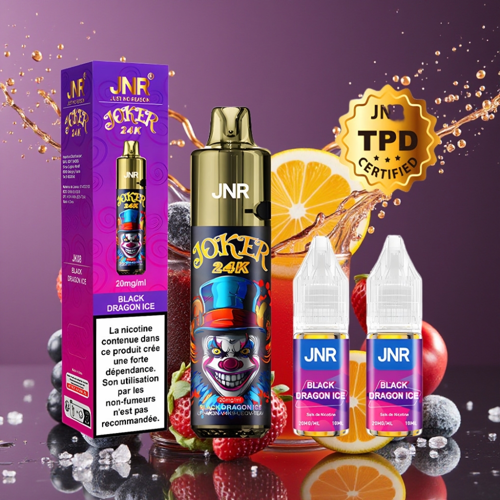 Suomi tukku JNR Joker 24K Puffs Disposable Vape Musta Lohikäärme Jää 2+10ml Refillable Pod 800mAh Type-C Charging 24000 Puffs 2% Nicotine
