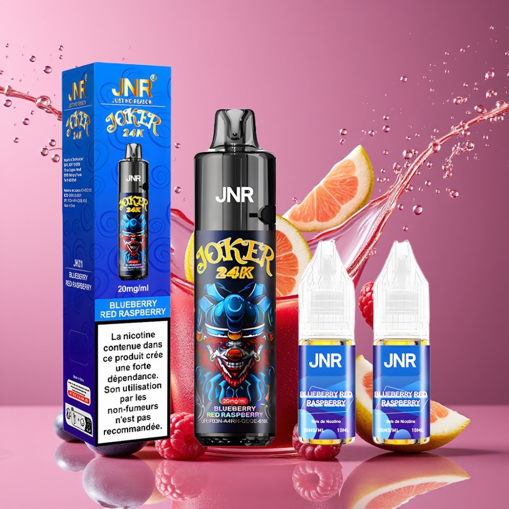 Suomi tukku JNR Joker 24K Puffs Disposable Vape Mustikka-Punavadelma 2+10ml Refillable Pod, 800mAh Type-C Charging, 24000 Puffs