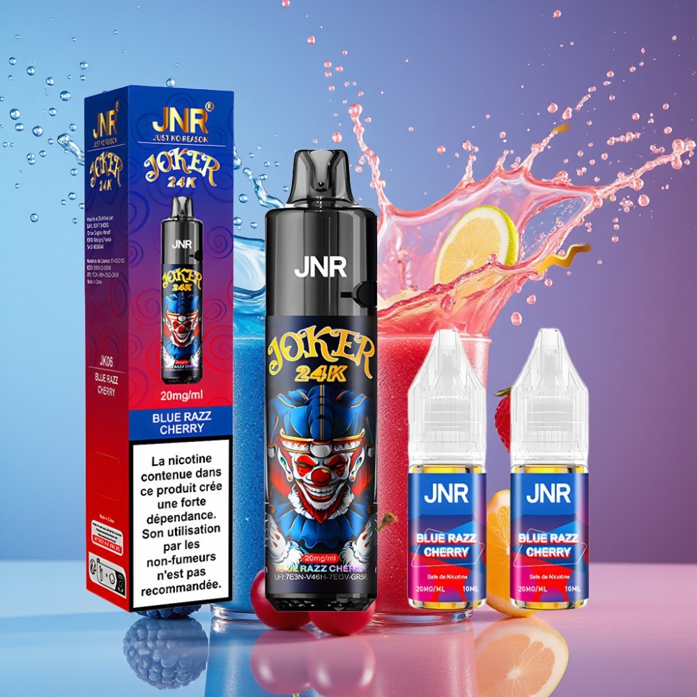 Suomi tukku JNR Joker 24K Puffs Disposable Vape Sininen Vadelma-Kirsikka, 24000 Tupaa, 2+10ml Uudelleentäytettävä, 800mAh, Type-C Lataus