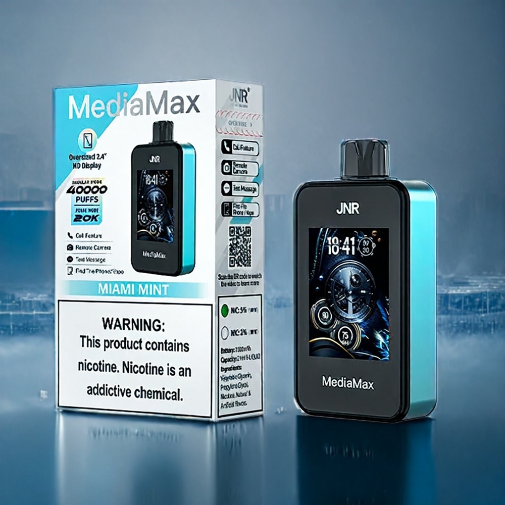 Suomi tukku JNR MediaMax 40000 Puffs Miami Mint 21mL 5% Nikotiini Type-C Quick Charge 2.4" HD Display