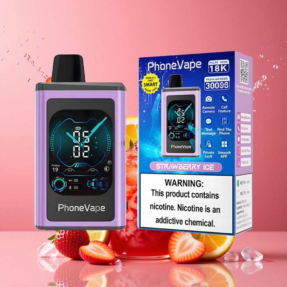 Suomi tukku JNR PhoneVape 30000 puffs Disposable Vape Mansikkajää 850mAh Type-C Ladattava Akku, App Ohjattu, Etäkamera, 2%,5% Nikotiinia
