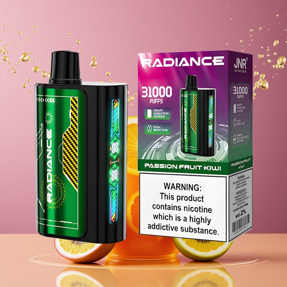 Suomi tukku JNR Radiance 31000 Puffs Disposable Vape 28ml Passion Fruit Kiwi, Dual Mesh Coil, Type-C Charging