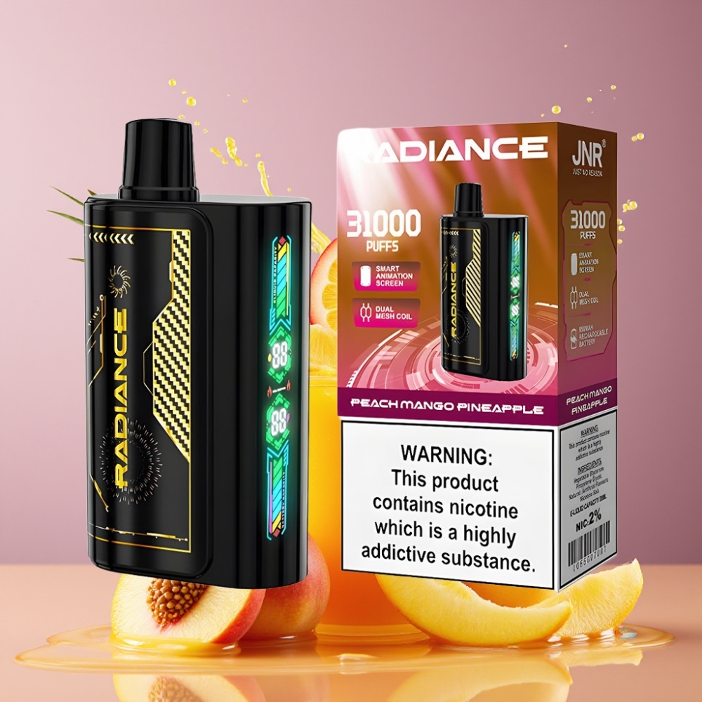 Suomi tukku JNR Radiance 31000 Puffs Disposable Vape Persikka Mango Ananas – 28ml, 950 mAh, Type-C