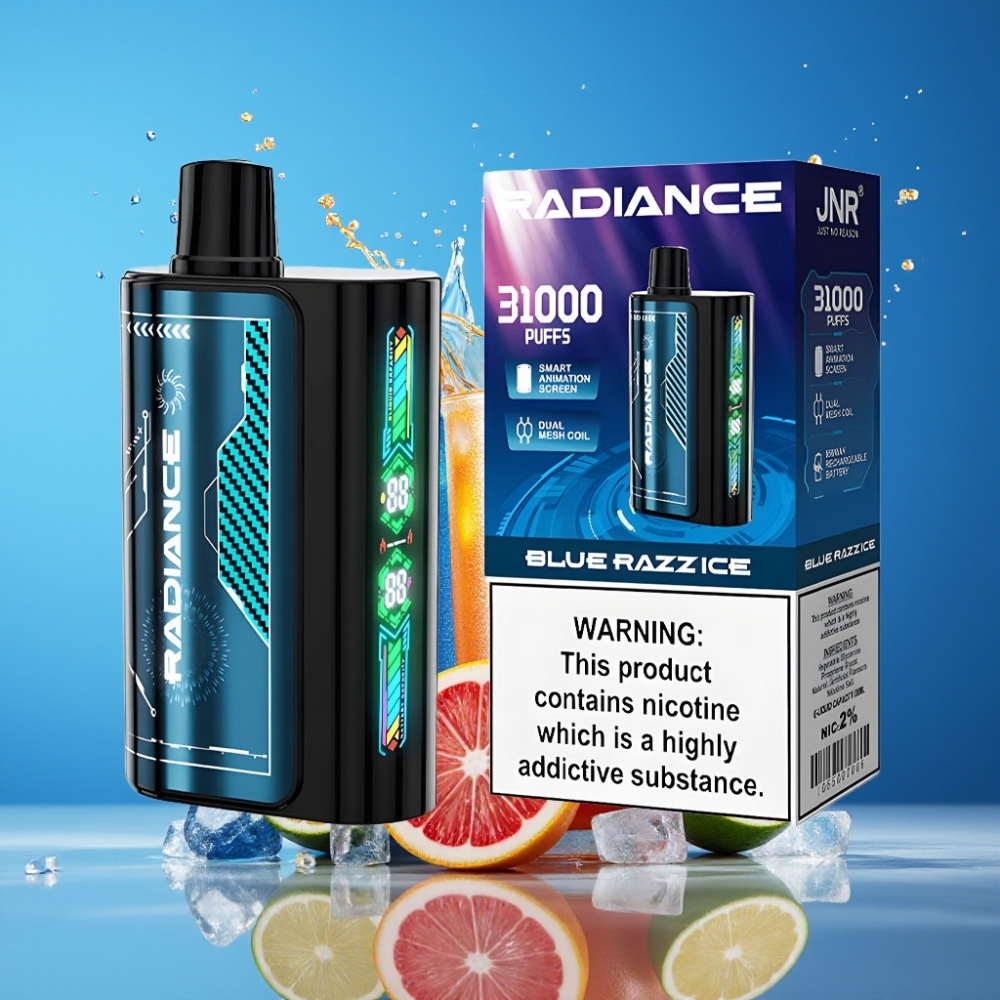 Suomi tukku JNR Radiance 31000 Puffs Disposable Vape Sininen Vadelma Jää 28ml E-liquid 950mAh Akku Type-C Lataus