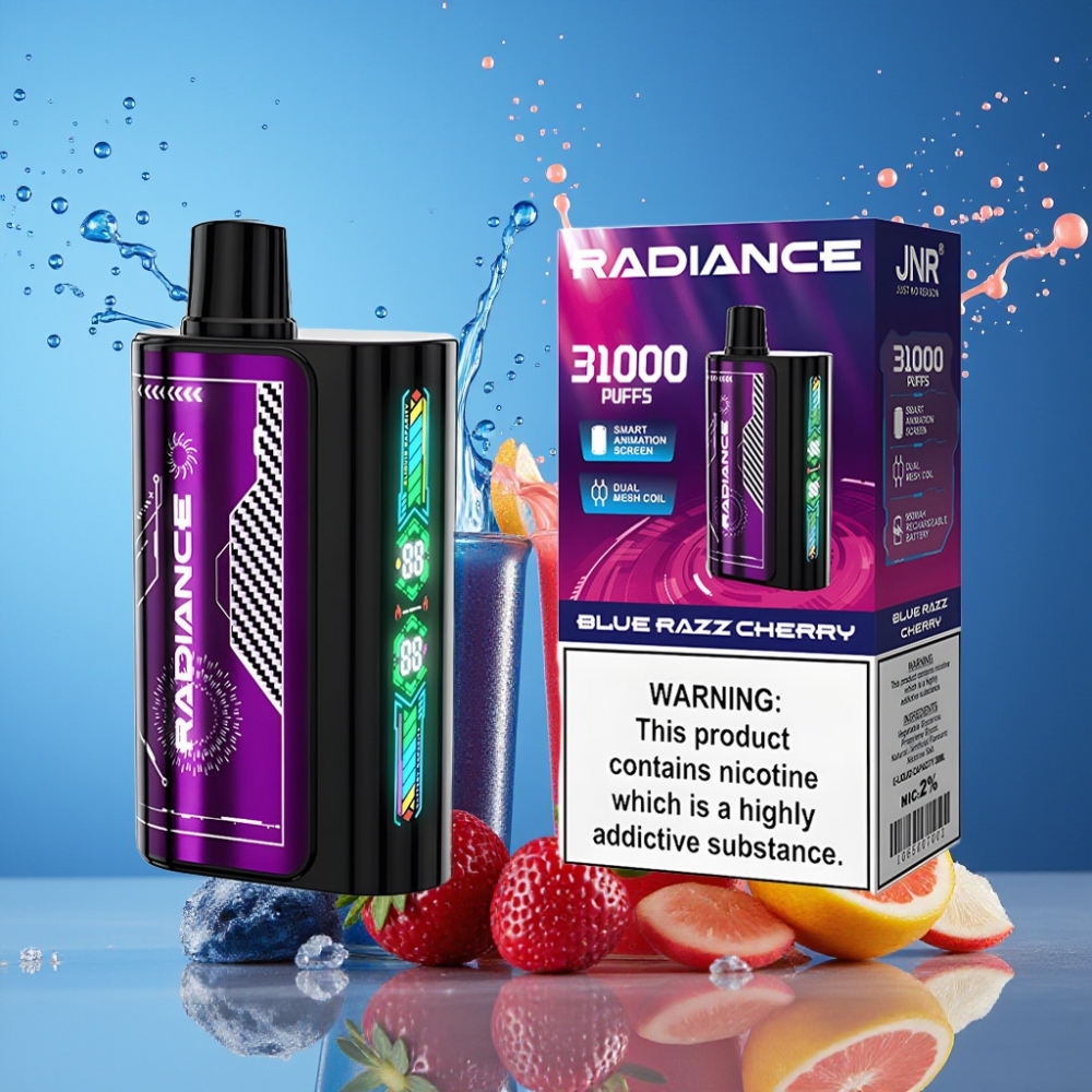 Suomi tukku JNR Radiance 31000 Puffs Disposable Vape Sininen Vadelma-Kirsikka 28ml E-liquid 950 mAh Akku Type-C Lataus