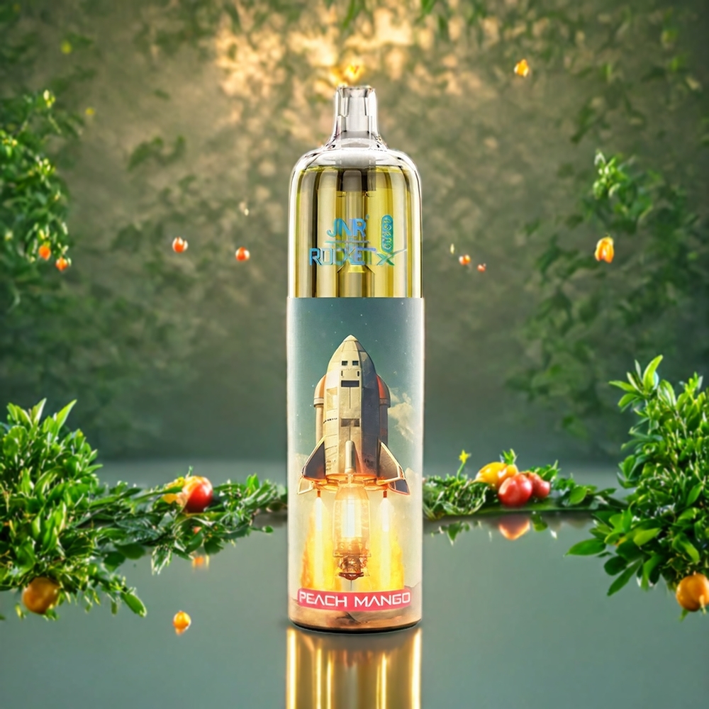 Suomi tukku JNR Rocket X 12400 Puffs Persikka Mango – Pieni ja kompakti, 850mAh, 22ml, 1.2 Ohm Mesh, Type-C, RGB-valot
