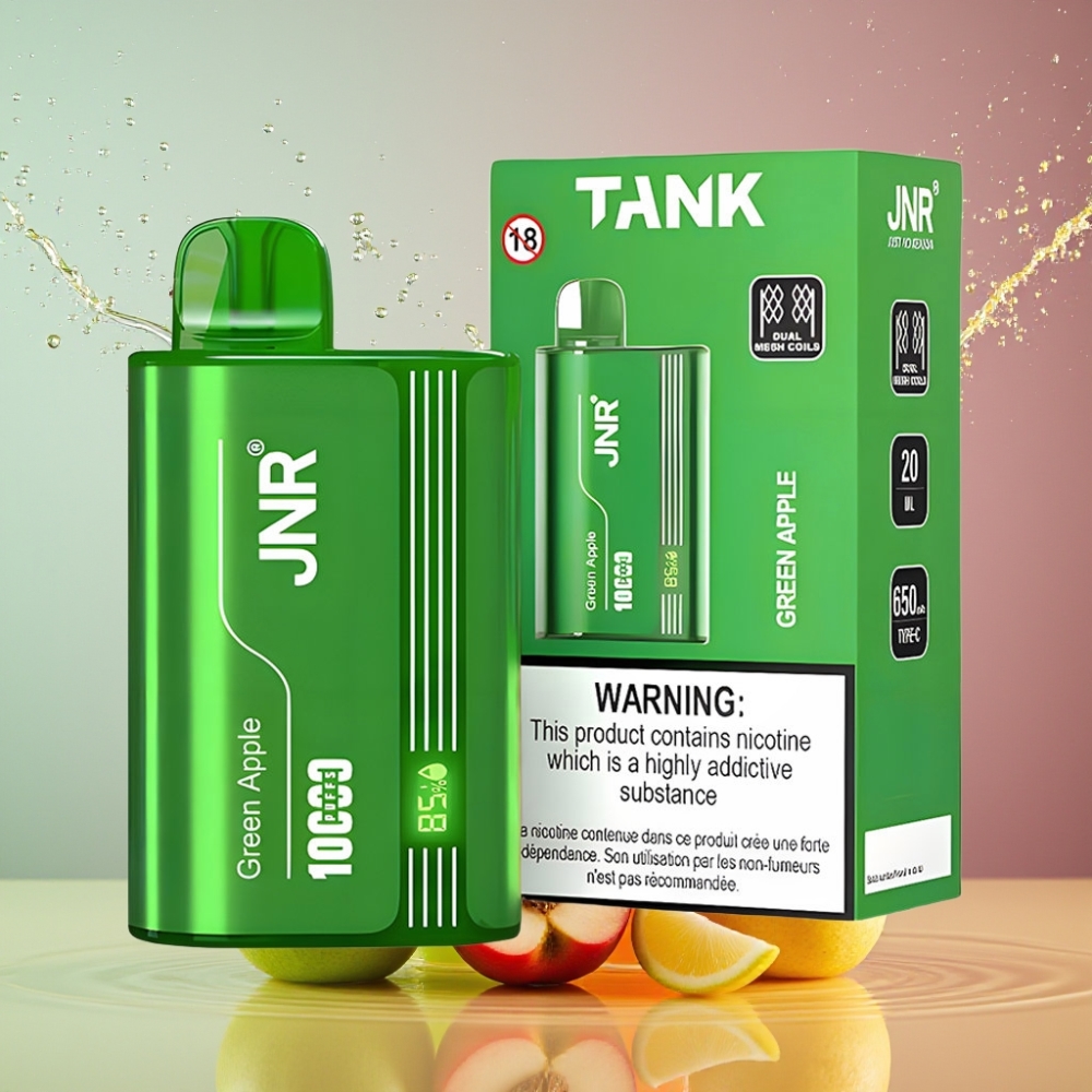 Suomi tukku JNR Tank 10000 Puffs Disposable Vape – Vihreä Omena, Persikka & Päärynä – Säädettävä Ilmanvirtaus, 650mAh Akku, Nopea Type-C Lataus