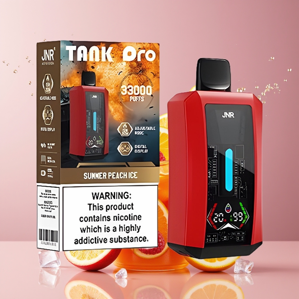 Suomi tukku JNR Tank Pro 33000 Puffs 28ml Kesäpersikka-Jää Disposable Vape – Digital Display, Dual Mesh Coil, Type-C Lataus