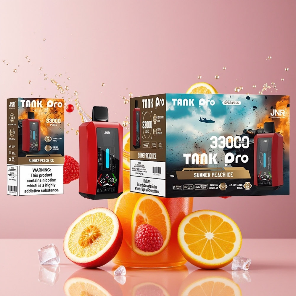 Suomi tukku JNR Tank Pro 33000 Puffs 28ml Kesäpersikka-Jää Disposable Vape – Digital Display, Dual Mesh Coil, Type-C Lataus