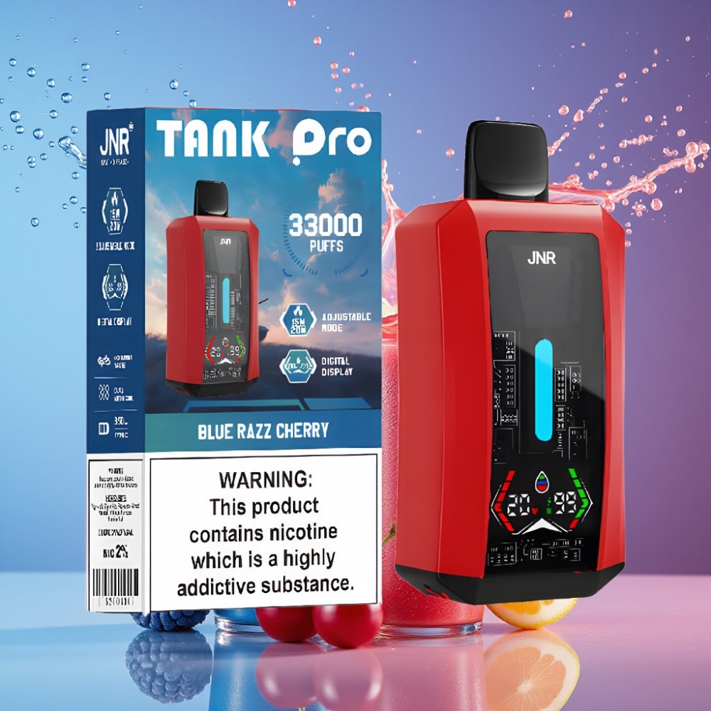 Suomi tukku JNR Tank Pro 33000 Puffs Disposable Vape 28ml Sininen Vadelma-Kirsikka, Dual Mesh Coil, Type-C Lataus