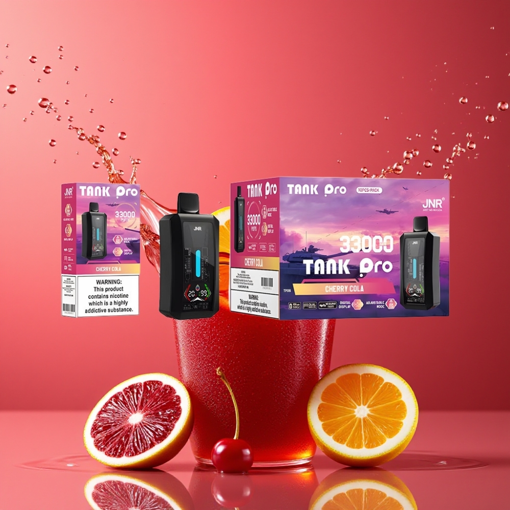 Suomi tukku JNR Tank Pro 33000 Puffs Disposable Vape Kirsikkakola – 28ml, Dual Mesh Coil, 850mAh, Type-C