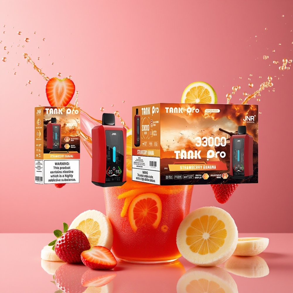 Suomi tukku JNR Tank Pro 33000 Puffs Disposable Vape Mansikka-Banaani 28ml e-Liquid 850mAh Type-C