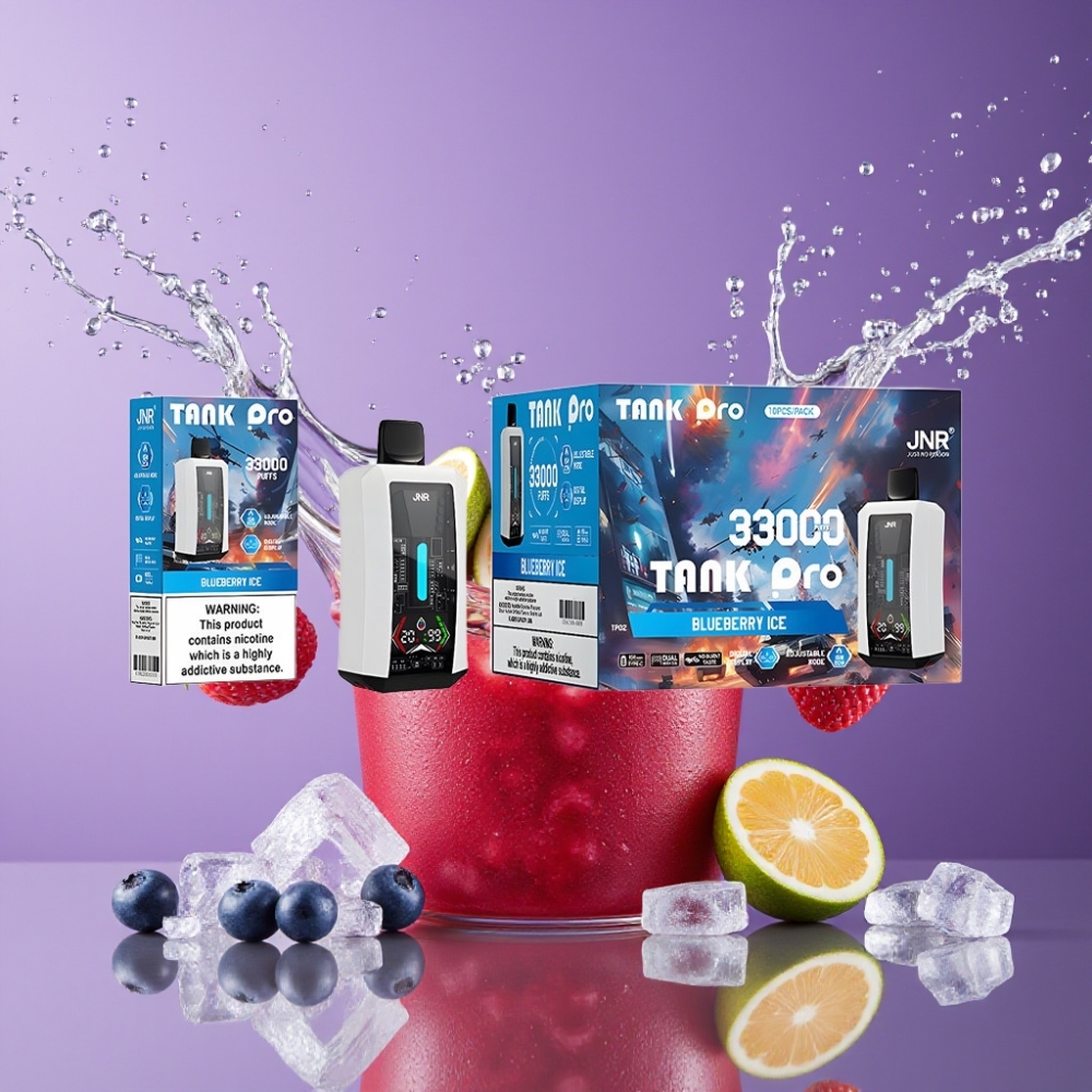 Suomi tukku JNR Tank Pro 33000 Puffs Disposable Vape Mustikka-Jää 28ml e-Liquid, Digital Display, Type-C Charging