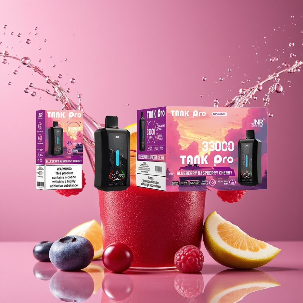 Suomi tukku JNR Tank Pro 33000 Puffs Disposable Vape Mustikka Vadelma Kirsikka – 28ml e-Liquid, 850mAh Type-C, 2% Nikotiinia
