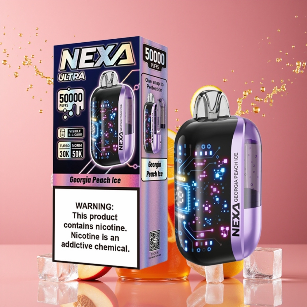 Suomi tukku NEXA Ultra 50K Disposable Vape 20ml/800mAh/5% Nikotiinia Georgia Persikka Jää 0.9ohm Dual Mesh - 3d Kaareva Näyttö Type-C Lataus