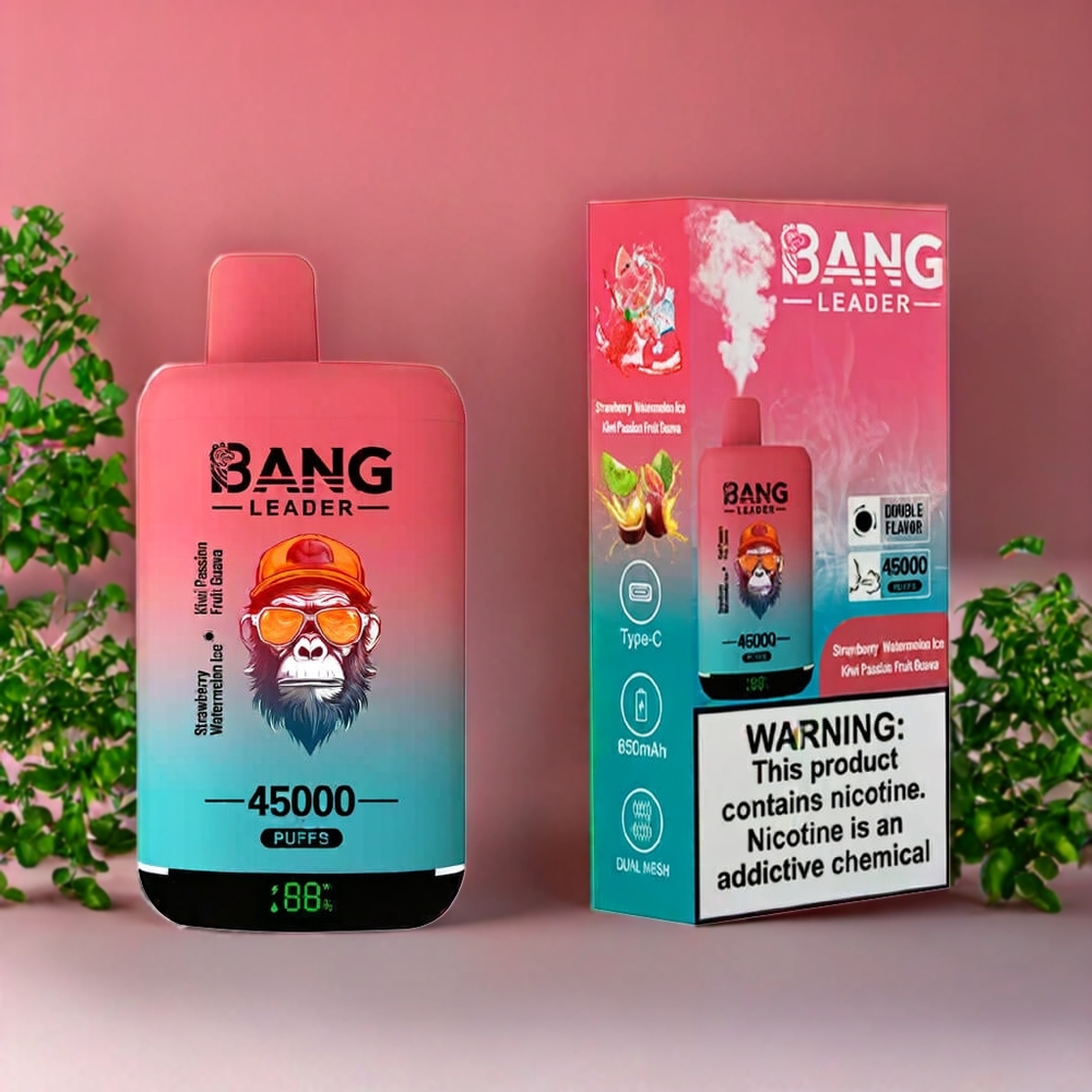 Suomi tukku Bang Leader 45000 Puffs Disposable Vape Mansikka-Arbuusi-Kiivi-Passionhedelmä-Guava 2-in-1 Dual Flavor, Smart Screen, Type-C USB, 0%-5% Nikotiinia