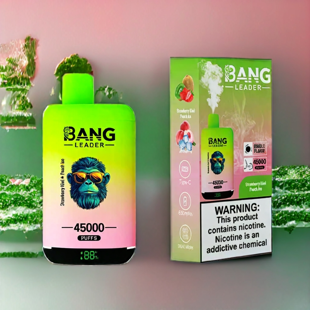 Suomi tukku Bang Leader 45000 Puffs Disposable Vape Mansikka-Kiivi-Persikka Jää Dual Flavor 2-in-1, Smart Screen Display, Type-C USB Port, 0%-5% Nikotiinia