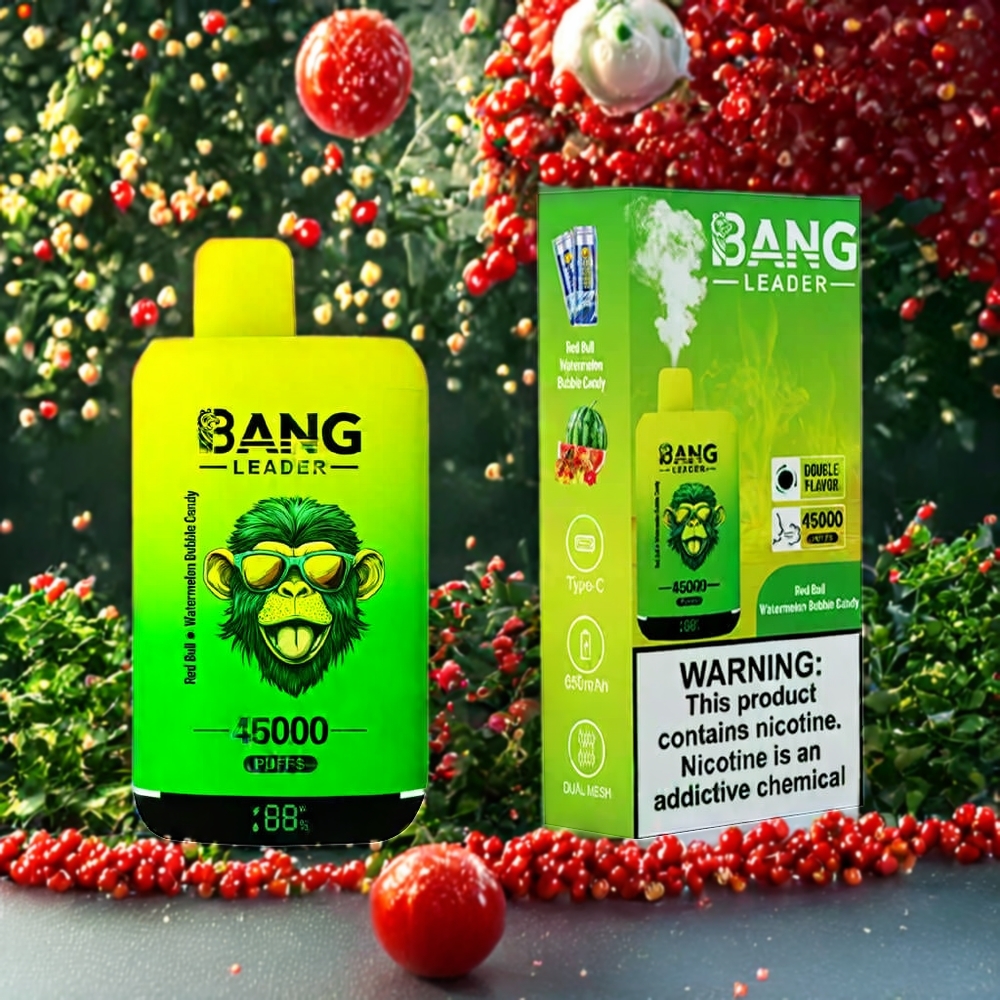 Suomi tukku Bang Leader 45000 Puffs Disposable Vape Punainen Härkä Vesimeloni Kupla Karkki – 2-in-1 Maku, Älykäs Näyttö, Type-C USB, 0-5% Nikotiini