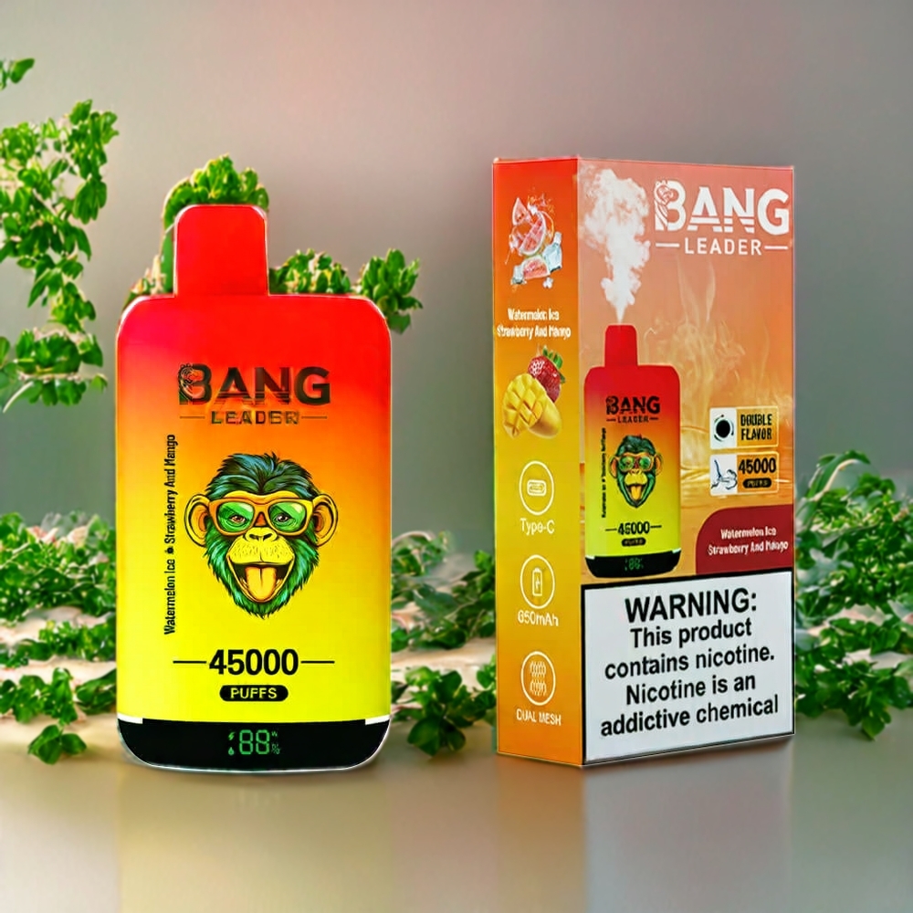 Suomi tukku Bang Leader 45000 Puffs Disposable Vape Vesimeloni-Jää Mansikka-Mango, 0-5% Nikotiinia, Älykäs Näyttö, Type-C USB, Kaksoismaku