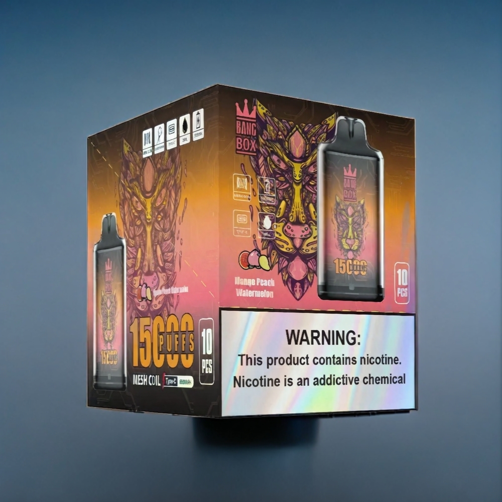 Suomi tukku Bang Box 15000 Puffs - Mango, Persikka, Vesimeloni (E-neste 23ml, Nikotiini 0%/2%/3%/5%, 650mAh, TYPE-C, 1 laatikko 10 kpl)