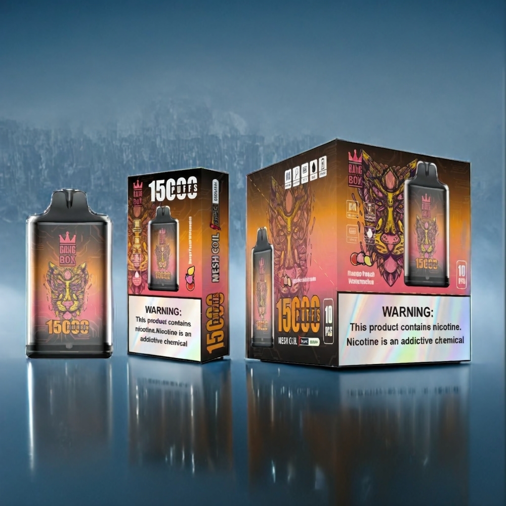Suomi tukku Bang Box 15000 Puffs - Mango, Persikka, Vesimeloni (E-neste 23ml, Nikotiini 0%/2%/3%/5%, 650mAh, TYPE-C, 1 laatikko 10 kpl)