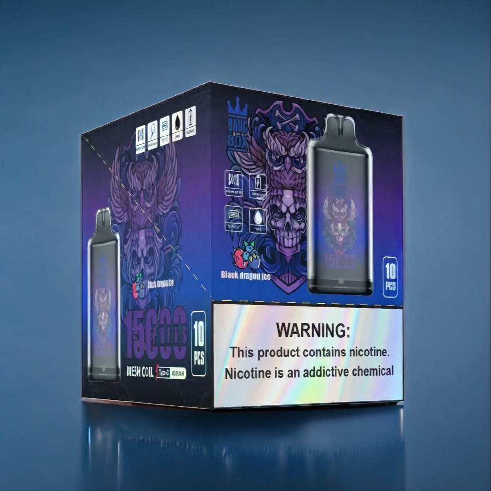 Suomi tukku Bang Box 15000 Puffs Vape Musta Lohikäärme Jää 23ml 5% Nikotiini 650mAh TYPE-C 1 laatikko 10 kpl
