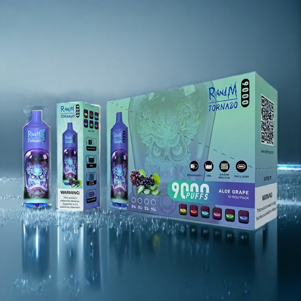 Suomi tukku RandM Tornado 9000 Puffs 18 mL Aloe Grape Mesh Coil 850 mAh Rechargeable RGB Display