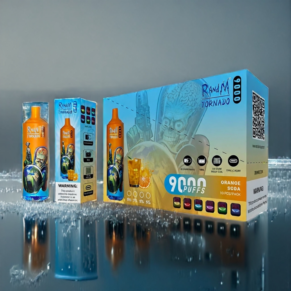 Suomi tukku RandM Tornado 9000 Puffs 18 mL Mesh Coil RGB Display Appelsiini Sooda Vape