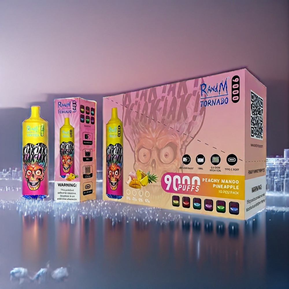 Suomi tukku RandM Tornado 9000 Puffs Mesh Coil 850mAh 18mL RGB Display Peachy Mango Pineapple