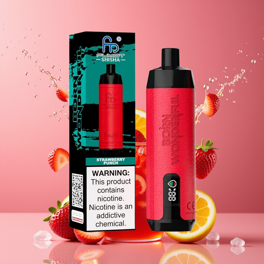 Suomi tukku RandM Fumot Shisha 10000 Puffs Disposable Vape Mansikkapommi 18ml 0.5% Nikotiinia LED Indicator Type-C Port