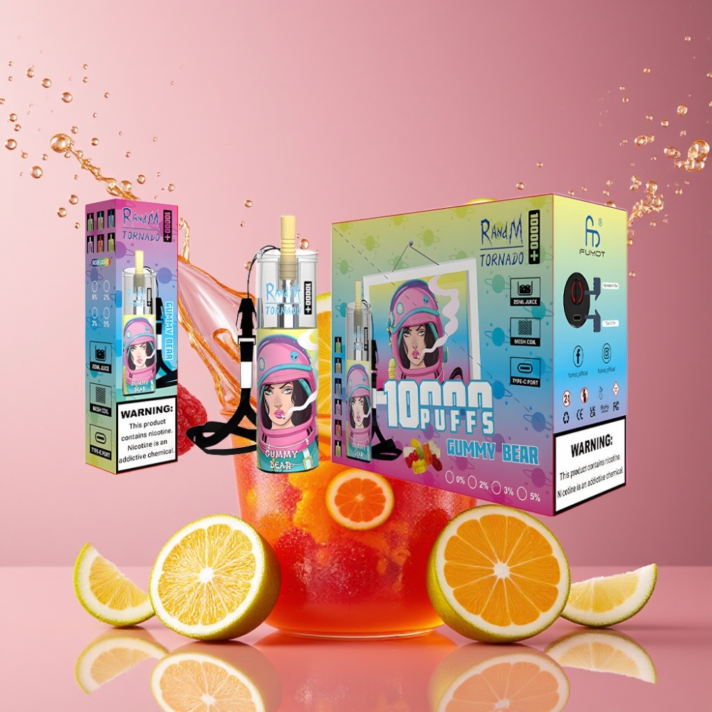 Suomi tukku RandM Fumot Original Tornado 10000 Plus Disposable Vape 20 ml 850 mAh Mesh Coil Type-C RGB Lights Karhunmakeis (Gummy Bear)