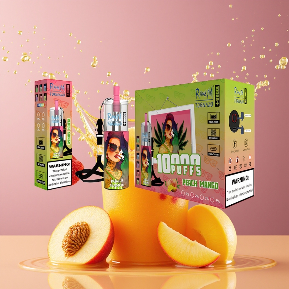 Suomi tukku RandM Fumot Original Tornado 10000 Plus Disposable Vape 20 ml 850 mAh Mesh Coil Type-C RGB - Persikka Mango