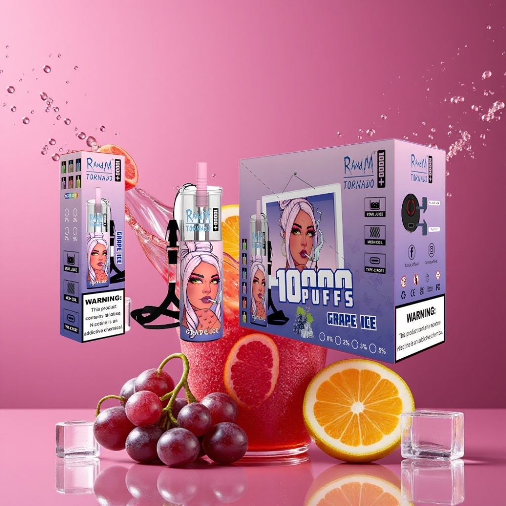 Suomi tukku RandM Fumot Original Tornado 10000 Plus Disposable Vape 20 ml Mesh Coil 850 mAh Type-C RGB Valmiste - Viinijää (Grape Ice)