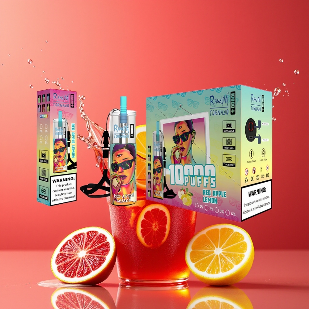 Suomi tukku RandM Fumot Original Tornado 10000 Plus Disposable Vape 20ml 850mAh Type-C Punainen omena & sitruuna Mesh Coil RGB