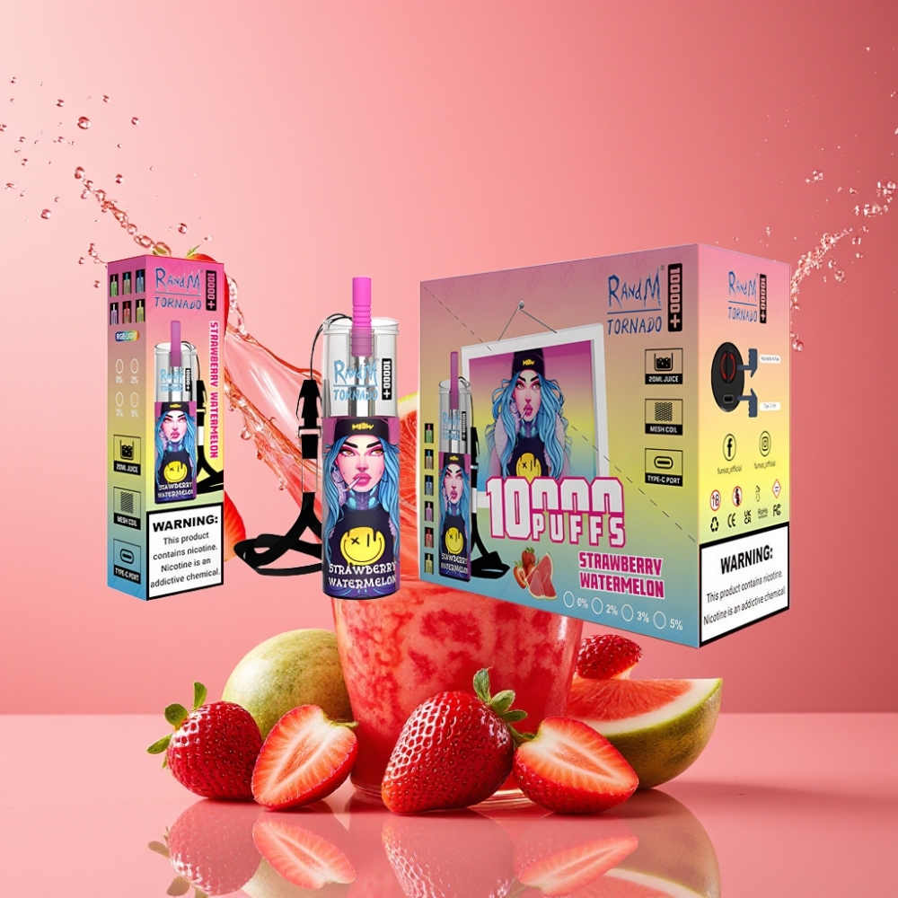 Suomi tukku RandM Fumot Original Tornado 10000 Plus Disposable Vape 20ml 850mAh Type-C RGB Mesh Coil Mansikka-Arbuusi