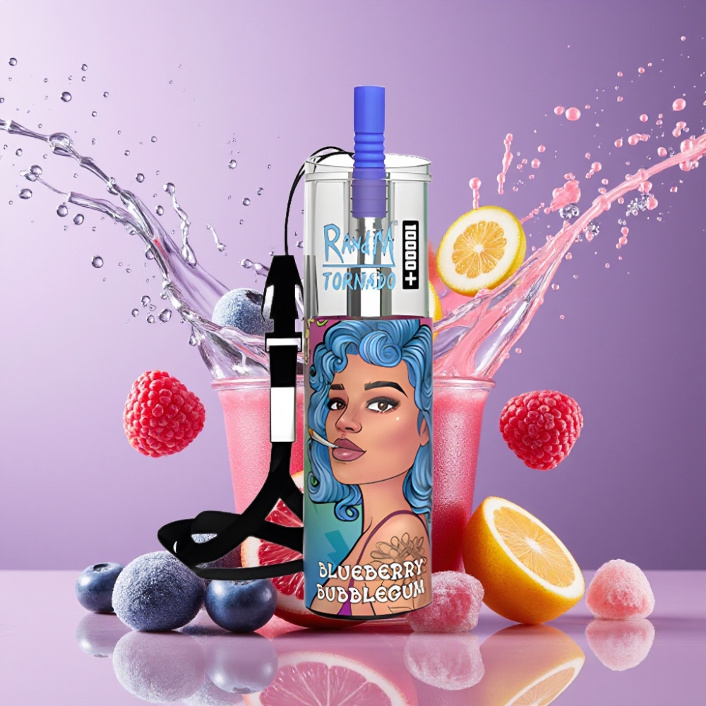 Suomi tukku RandM Fumot Original Tornado 10000 Plus Disposable Vape 20ml 850mAh Type-C RGB - Mustikkakuplapurkka (Blueberry Bubblegum)