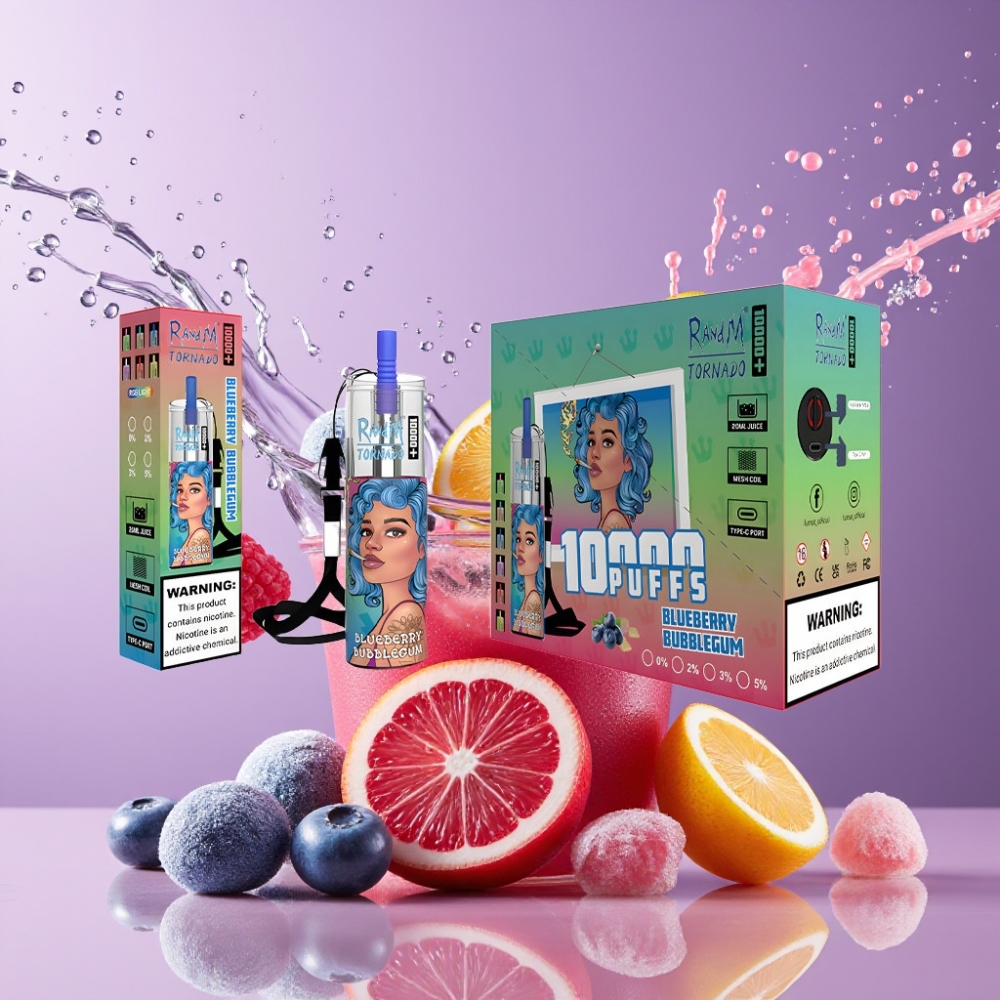 Suomi tukku RandM Fumot Original Tornado 10000 Plus Disposable Vape 20ml 850mAh Type-C RGB - Mustikkakuplapurkka (Blueberry Bubblegum)