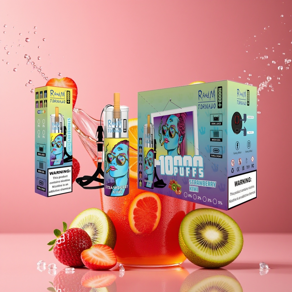 Suomi tukku RandM Fumot Original Tornado 10000 Plus Disposable Vape 20ml Mesh Coil Type-C RGB Lights Mansikka-Kiivi