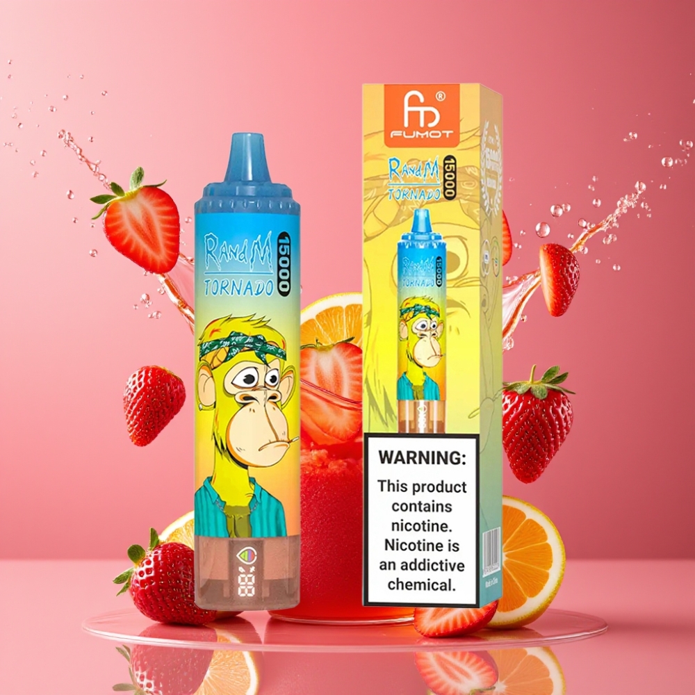 Suomi tukku RandM Fumot Tornado 15000 Puffs 25ml 850mAh Mesh Coil Type-C LCD Mansikka Disposable Vape