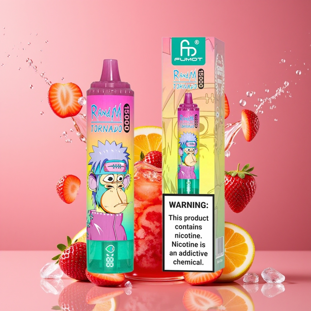 Suomi tukku RandM Fumot Tornado 15000 Puffs 25ml 850mAh Mesh Coil Type-C LCD Mansikkajää Disposable Vape