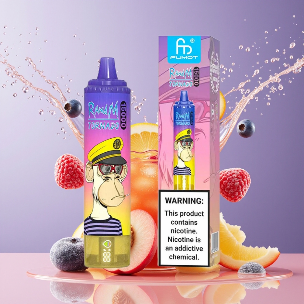 Suomi tukku RandM Fumot Tornado 15000 Puffs 25ml 850mAh Mesh Coil Type-C Ladattava Disposable Vape Persikka Mustikkakarkki