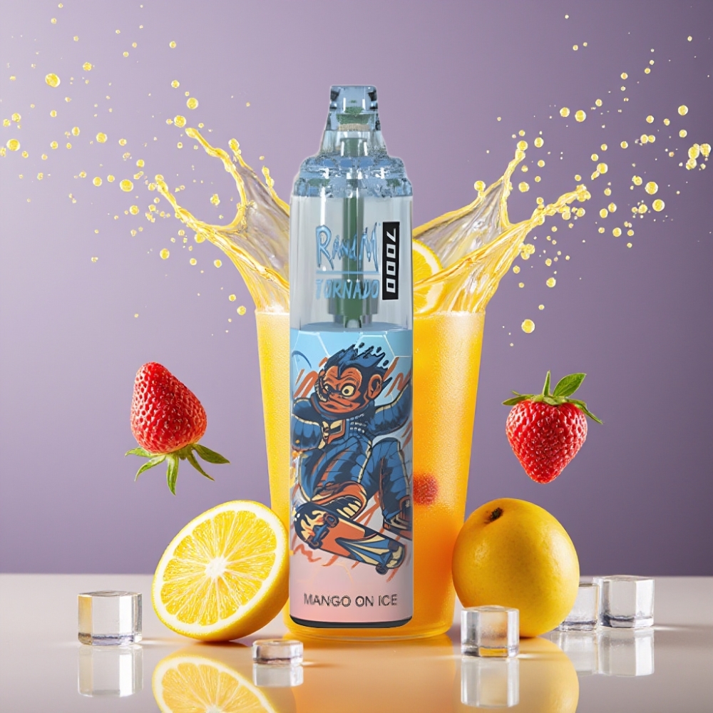 Suomi tukku RandM Fumot Tornado 7000 Puffs 14ML E-Liquid 850MAH Air-Adjustable Disposable Vape Mango Jää (RGB Light, Type-C, Mesh Coil)