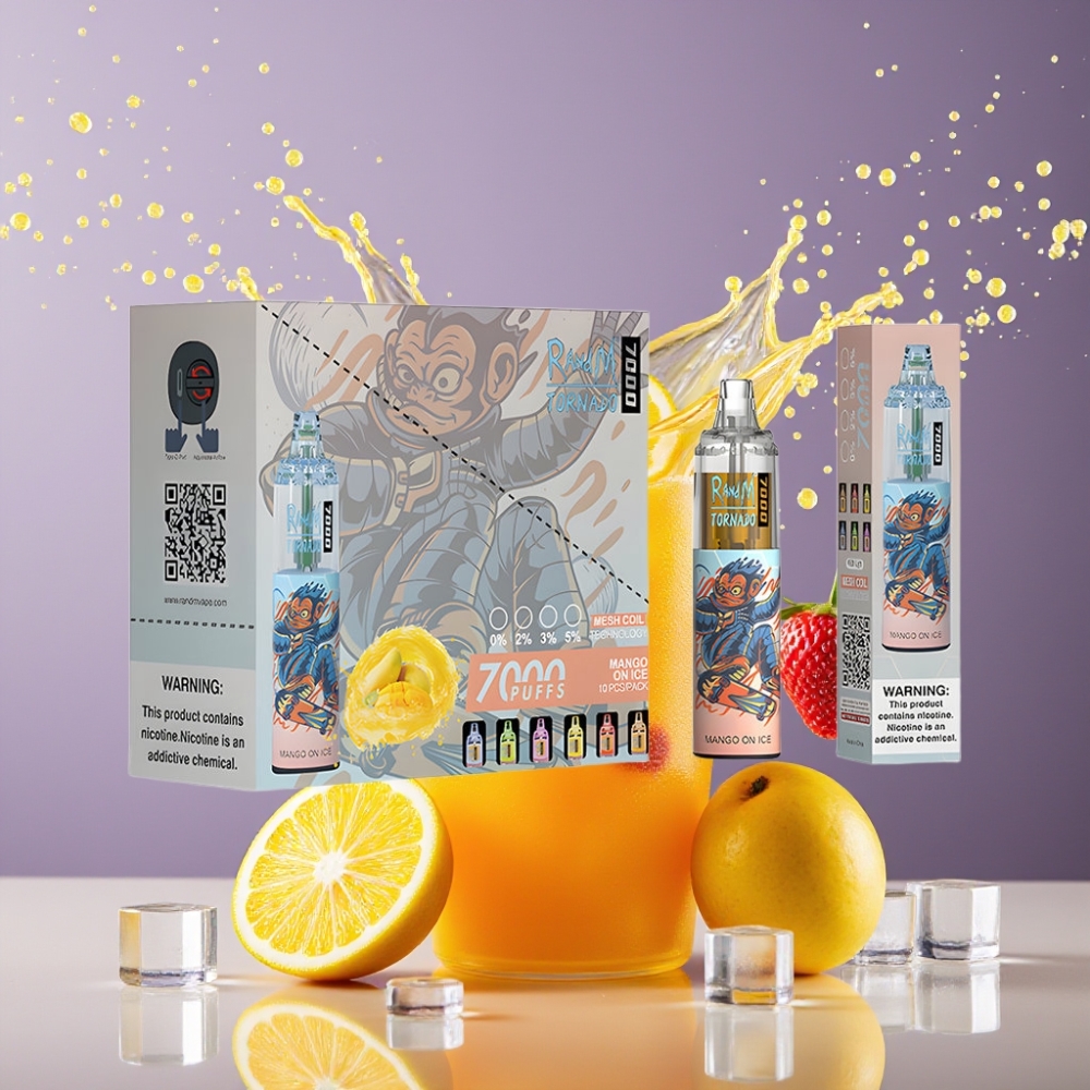 Suomi tukku RandM Fumot Tornado 7000 Puffs 14ML E-Liquid 850MAH Air-Adjustable Disposable Vape Mango Jää (RGB Light, Type-C, Mesh Coil)
